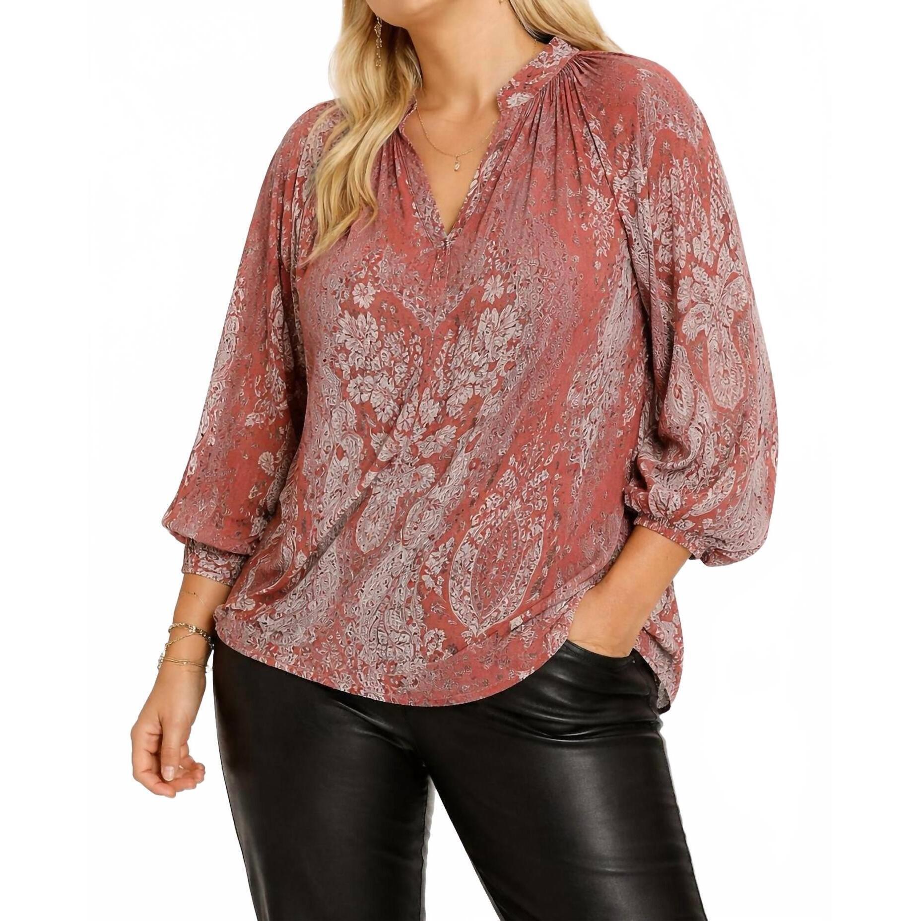 New Umgee Damask Print Velvet Split Neck Top In Dusty Rose
